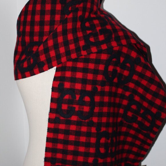 NWT Gucci Red Black Diamond Check GG Logo Scarf Wool Blend - Picture 3 of 8